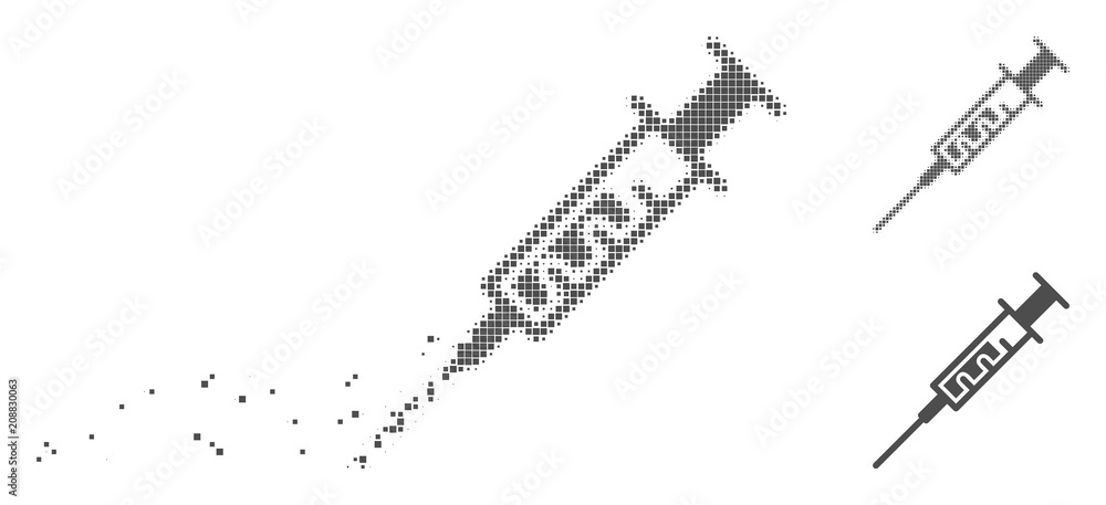 Poster gray vector vaccine icon in fractured, dotted halftone and undamaged solid variants. disappearing ef