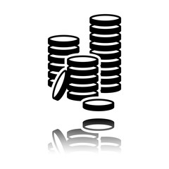 Coin stack icon. Black icon with mirror reflection on white background