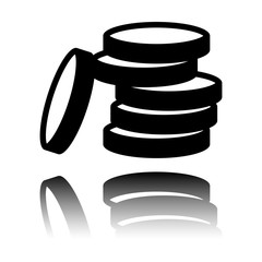 Coin stack icon. Black icon with mirror reflection on white background