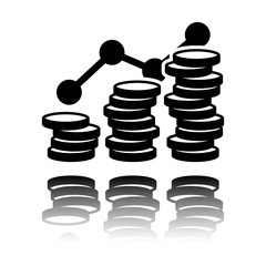 Coins stack, finance grow. Black icon with mirror reflection on white background