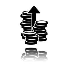 Coins stack, finance grow, up arrow. Black icon with mirror reflection on white background