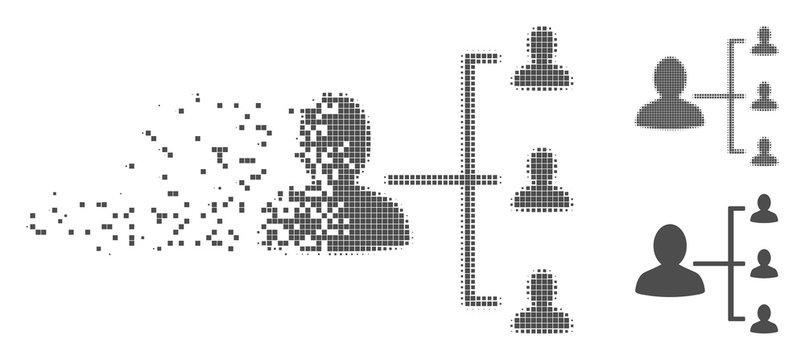Gray vector user scheme icon in dissolved, pixelated halftone and undamaged entire variants. Disintegration effect uses rectangle dots. Elements are combined into dissipated user scheme shape.