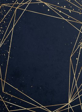 Fototapeta Vivid textured geometric frame. Abstract gold polygonal geometric frame with golden glitter triangles, geometric, diamond shapes on navy background. Golden confetti splashes in the corner.