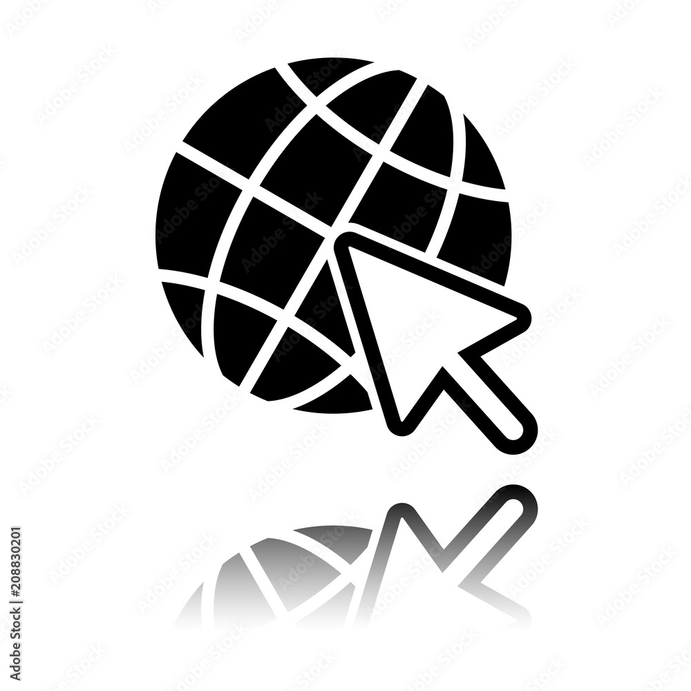Poster globe and arrow icon. black icon with mirror reflection on white background