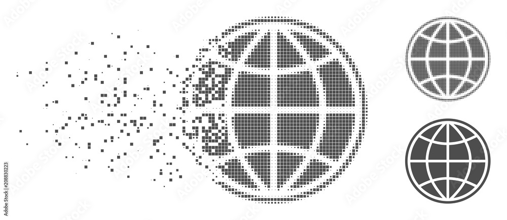 Poster grey vector world icon in fractured, dotted halftone and undamaged solid versions. disintegration ef