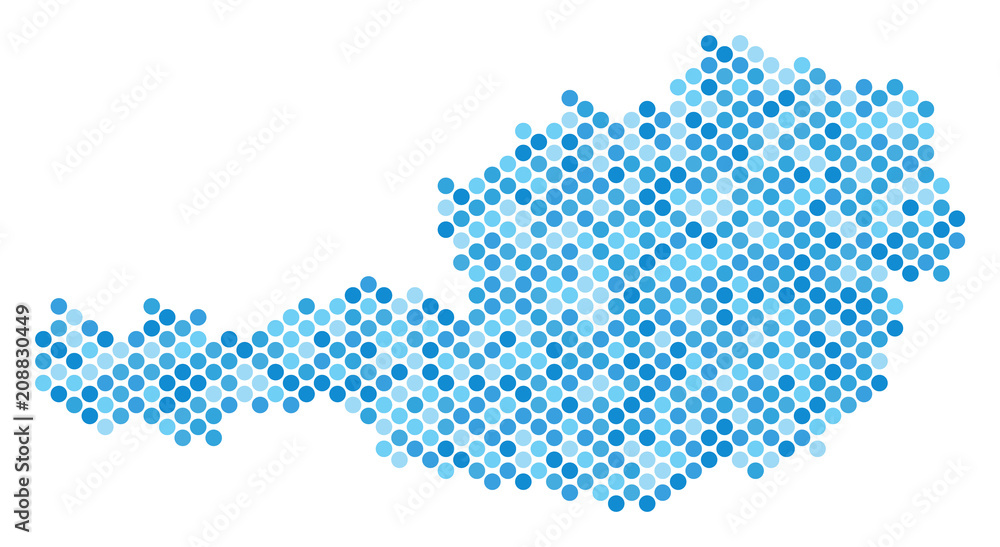 Poster blue pixelated austria map. vector geographic map in blue color tinges on a white background. vector