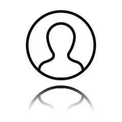 Profile, person in circle. Black icon with mirror reflection on white background
