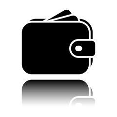 Purse, wallet, money icon. Black icon with mirror reflection on white background