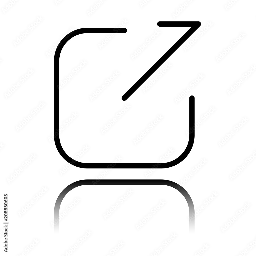 Poster share, logout or upload. diagonal arrow out square. black icon with mirror reflection on white backg