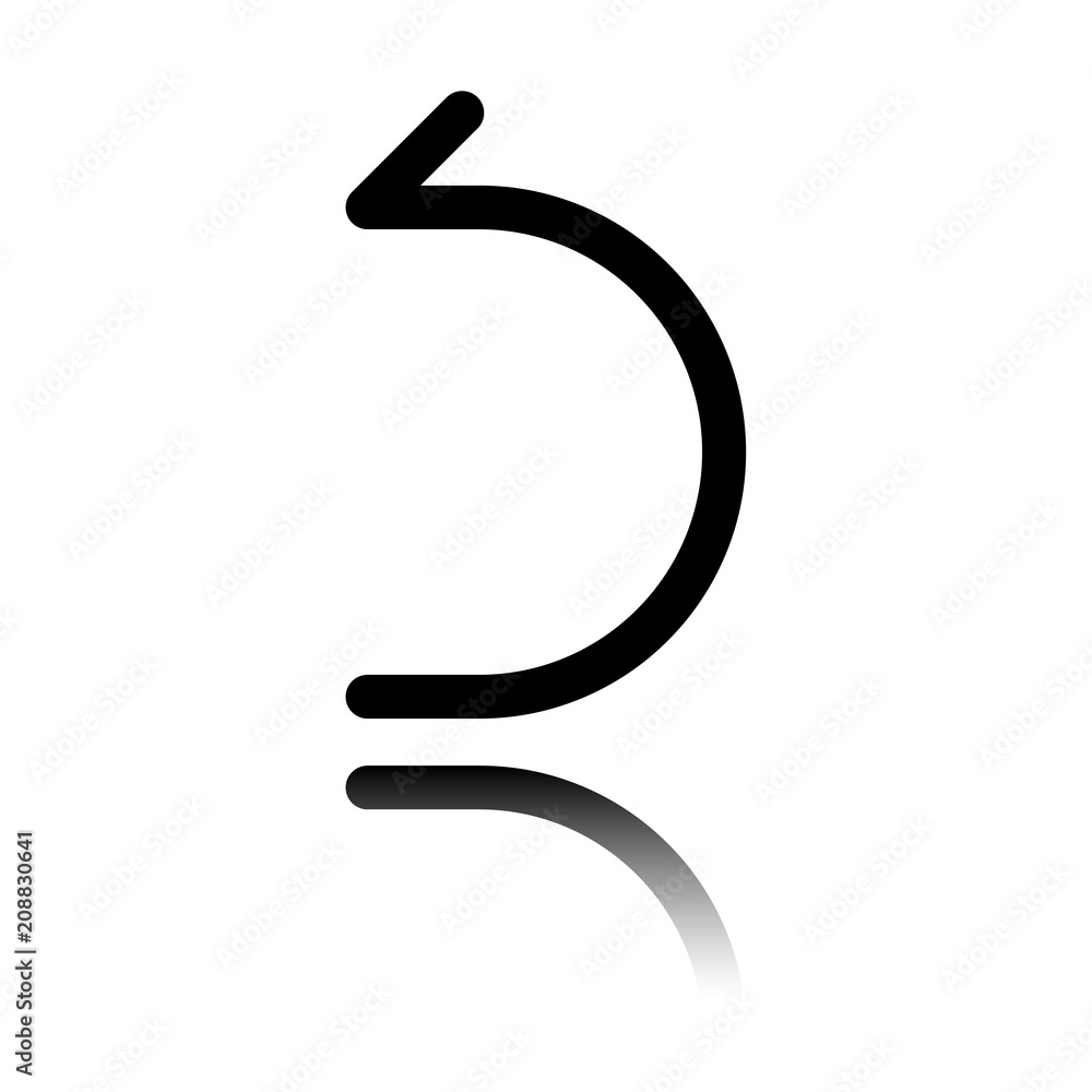 Poster simple arrow, backward. linear, thin outline. black icon with mirror reflection on white background