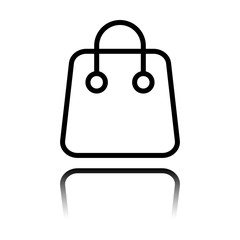 Shopping bag icon. Linear, thin outline. Black icon with mirror reflection on white background