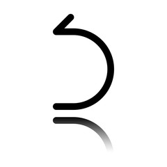 Simple arrow, backward. Linear, thin outline. Black icon with mirror reflection on white background