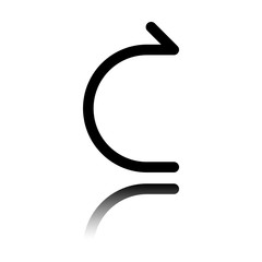 Simple arrow, forward. Linear, thin outline. Black icon with mirror reflection on white background