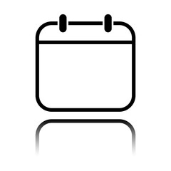 Simple calendar, Linear, thin outline. Black icon with mirror reflection on white background