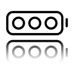 Simple empty battery, none level. Black icon with mirror reflection on white background