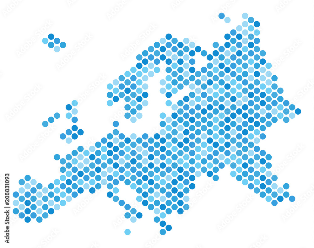Poster blue dotted europe map. vector geographic map in cold blue color variations on a white background. v