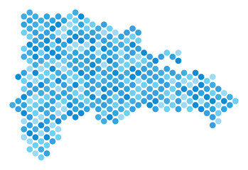 Blue pixelated Dominican Republic map. Vector geographic map in cold blue color tones on a white background. Vector collage of Dominican Republic map designed of spheric spot pattern.