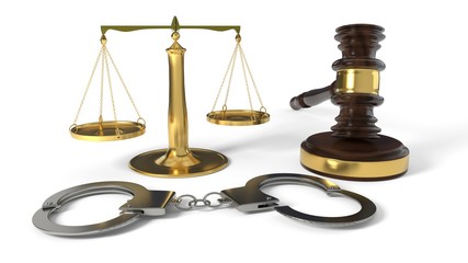 Justice gavel and handcuffs on white background, 3d rendering