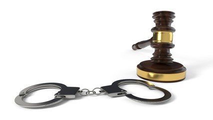 Justice gavel and handcuffs on white background, 3d rendering