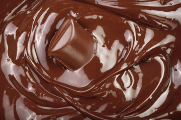 Melted chocolate and pieces of chocolate bar as a background closeup