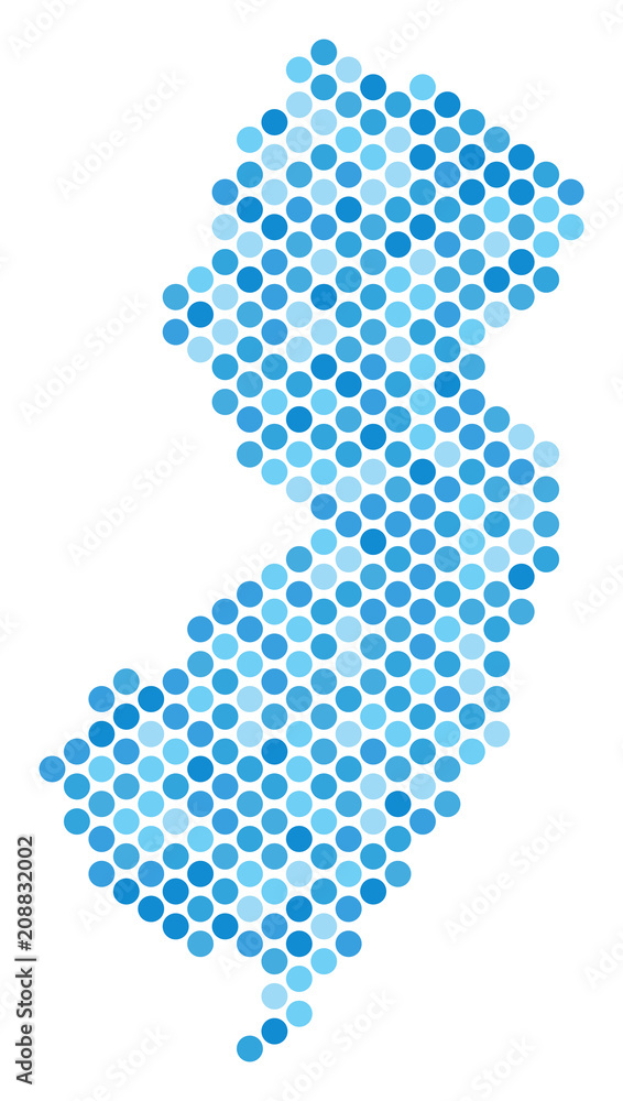 Poster blue circle dot new jersey state map. vector geographic map in cold blue color tones on a white back