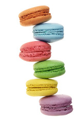 colored macaroons isolated on white background without a shadow closeup. Top view. Flat lay