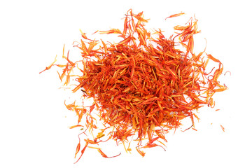 Fototapeta premium Heap of saffron isolated on white background. Top view. Flat lay
