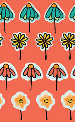 Doodle flowers in a row seamless pattern on a peach background. Perfect for the kids market. To find coordinating patterns, check out my portfolio page!