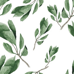 cherry green leaves watercolor seamless pattern