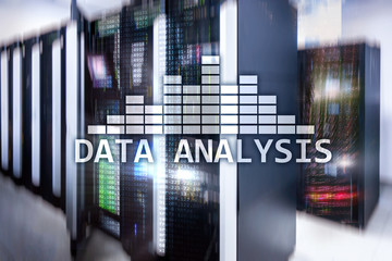 Big Data analysis text on server room background. Internet and modern technology concept.