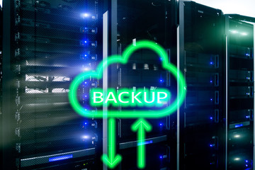 Backup button on modern server room background. Data loss prevention. System recovery.