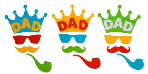 Happy Father's Day.Postcard for dad.Crown, glasses,mustache and smoking pipe on white background.