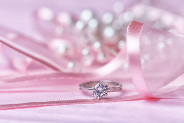 Elegant engagement ring on table, closeup