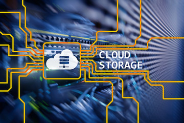Cloud data storage concept on server room background.