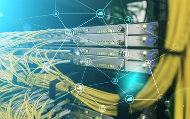 Telecommunication concept with abstract network structure and server room background.