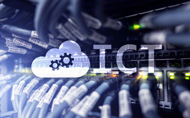ICT - information and communications technology concept on server room background.