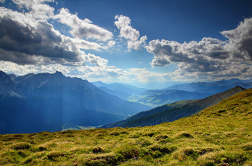 Summer panorama of Val Pusteria Pustertal and Valle di Sesto Sextental valleys, Sesto Dolomiti Sextner Dolomiten peaks from Alpi Carniche Karnische Alpen ridge Bolzano Alto Adige Sudtirol Italy Europe