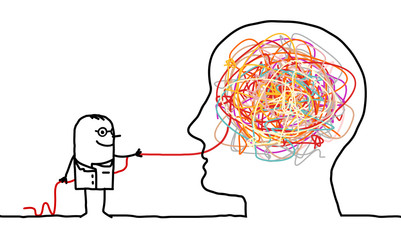Cartoon doctor untangling a brain knot - obrazy, fototapety, plakaty
