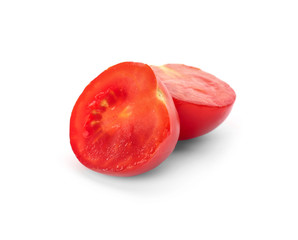 Cut red tomato on white background