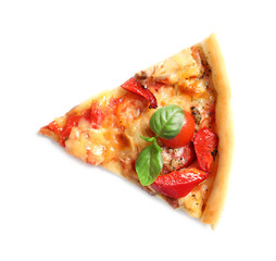 Slice of tasty pizza with tomatoes and sausages on white background