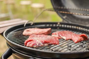 Tasty meat on barbecue grill outdoors, closeup