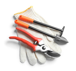 Set of professional gardening tools on white background