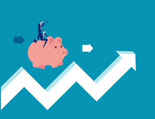 Teamwork riding piggy bank on arrow sign. Concept business vector illustration. Flat business cartoon, Financial, Economy, Character style.