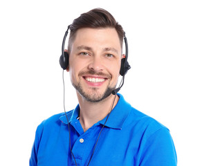 Male technical support operator with headset on white background