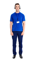 Male technical support operator with headset on white background