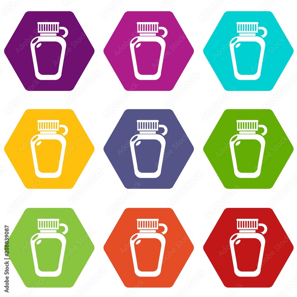 Poster paintball flask ammunition icons 9 set coloful isolated on white for web