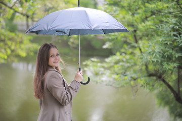 Young girl in a coat in a spring park