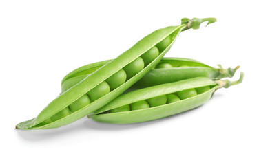 Delicious fresh green peas on white background