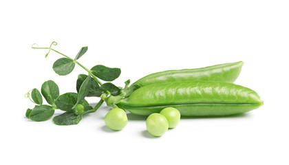 Delicious fresh green peas on white background