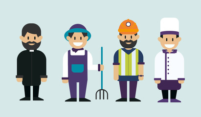 Working man, catholic priest, farmer and chef cook. Men of different professions. Vector flat design illustration.